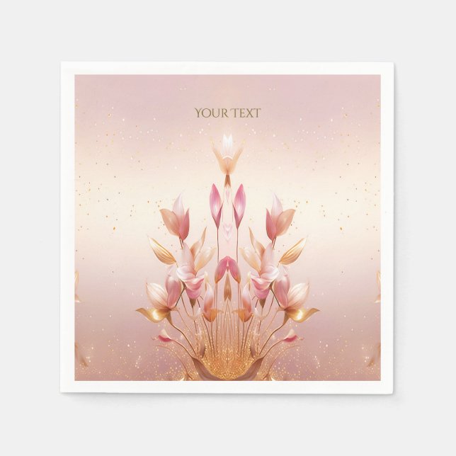 Serviettes en papier fleurs feuilles dorées roses (Devant)