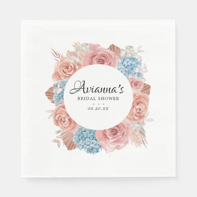 Serviettes en papier fleurs roses poudrées et bleu (Devant)