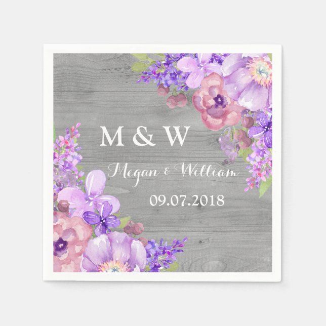 Serviettes En Papier Fleurs violettes en bois rustique Mariage Monogram (Devant)