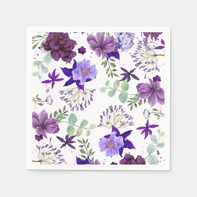 Serviettes En Papier Fleurs violettes et violettes de prune Fête élégan (Devant)