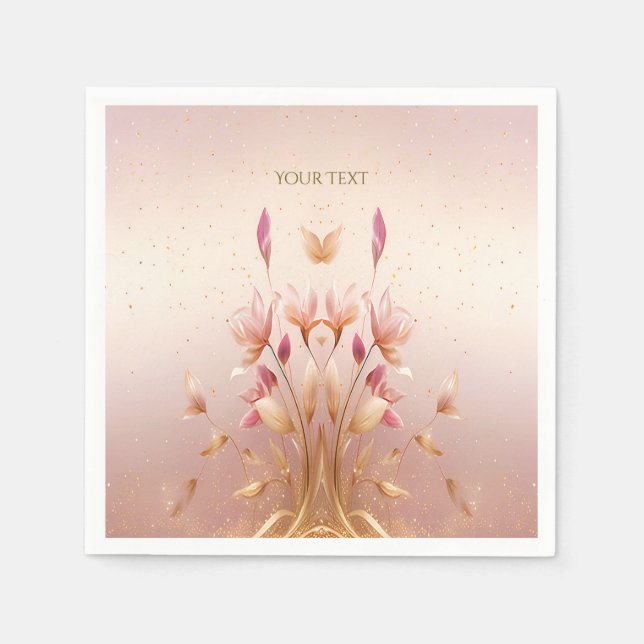 Serviettes en papier floral à feuilles dorées rose (Devant)