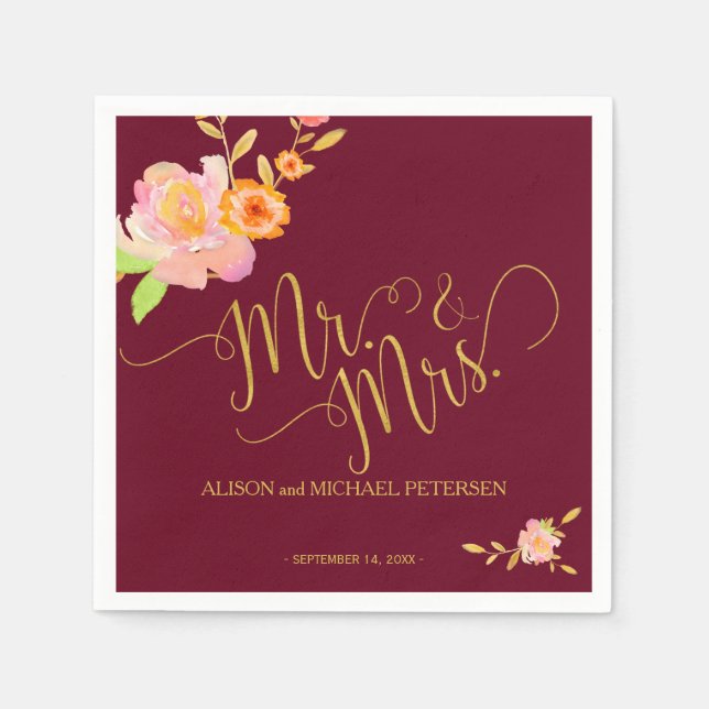 Serviettes En Papier Floral burgundy blush m. et mme mariage (Devant)