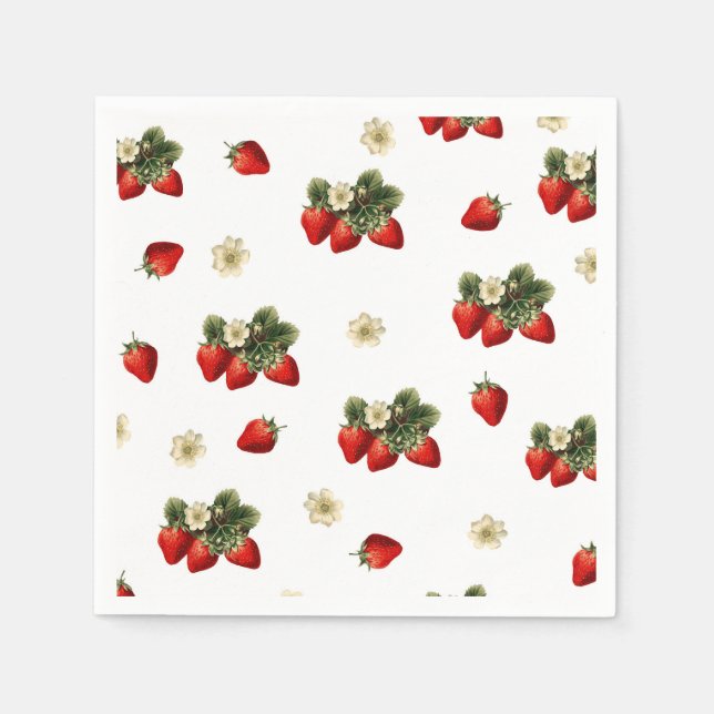 Serviettes en papier fraise aux fleurs sur blanc (Devant)