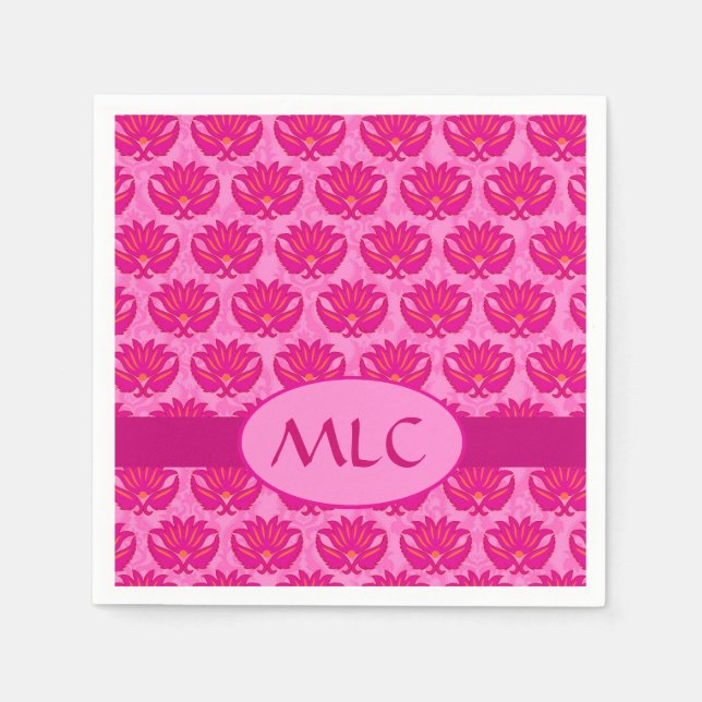 Serviettes En Papier Fuchsia rose moderne Art nouveau Damas Monogramme (Devant)