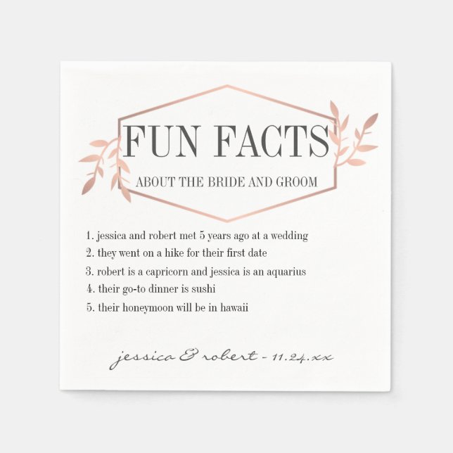 Serviettes En Papier Fun Facts Elégant Rose Gold Personnalisé (Devant)