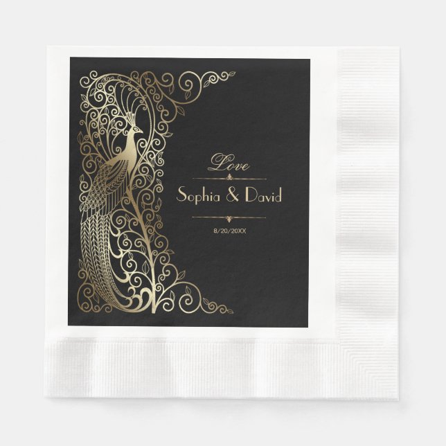 Serviettes En Papier Glam Gold Art Déco Peacocs Mariage (Devant)