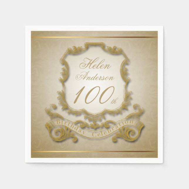 Serviettes En Papier Gold 100th Anniversaire Papier de célébration (Devant)
