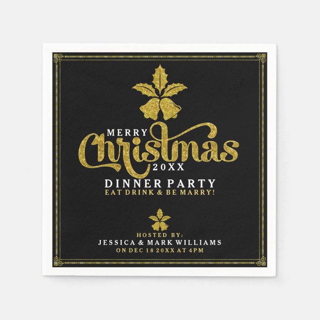 Serviettes En Papier Gold Christmas Bells Dinner Party Design (Devant)