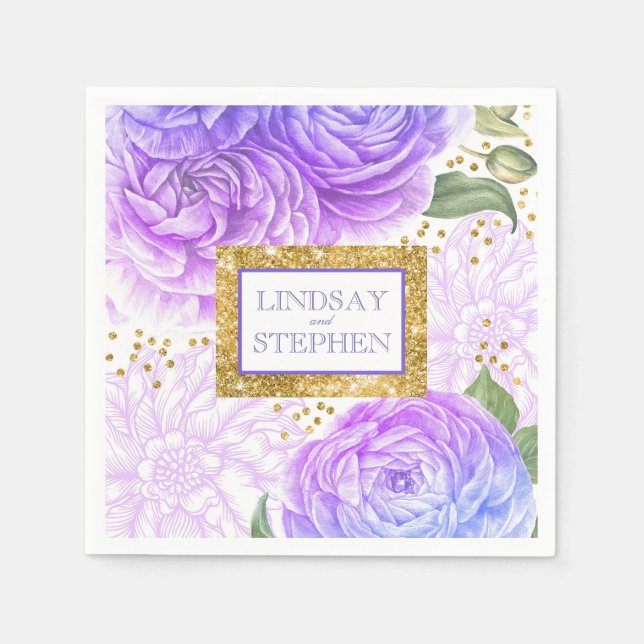 Serviettes En Papier Gold Confetti Bleu et violet Vintage Floral (Devant)