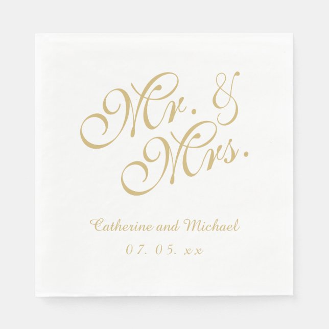 Serviettes En Papier Gold White, M. et Mme. | Papier mariage (Devant)