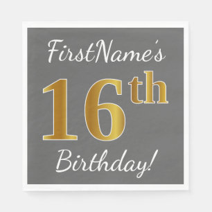 Serviettes En Papier Gray, Faux Gold 16e anniversaire + Nom personnalis