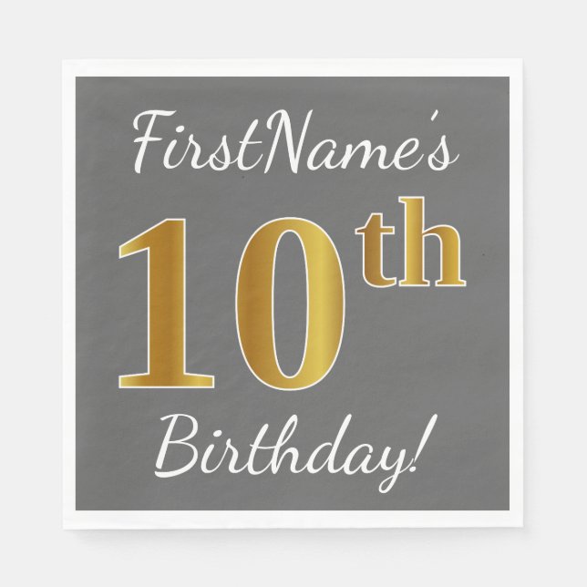 Serviettes En Papier Grey, Faux Gold 10e anniversaire + Nom personnalis (Devant)