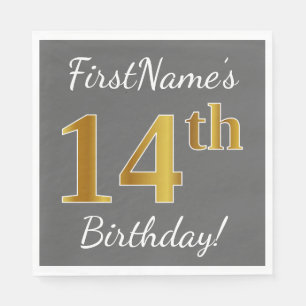 Serviettes En Papier Grey, Faux Gold 14e anniversaire + Nom personnalis