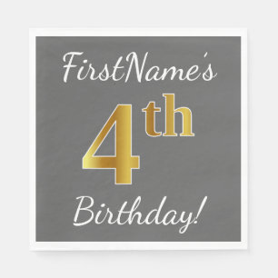 Serviettes En Papier Grey, Faux Gold 4th Birday + Nom personnalisé