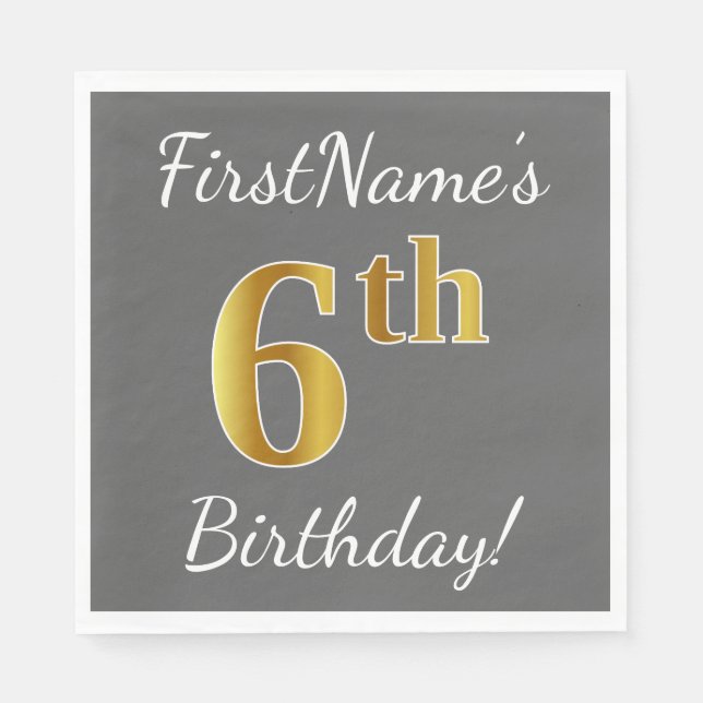 Serviettes En Papier Grey, Faux Gold 6e anniversaire + Nom personnalisé (Devant)