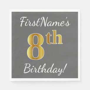Serviettes En Papier Grey, Faux Gold 8e anniversaire + Nom personnalisé