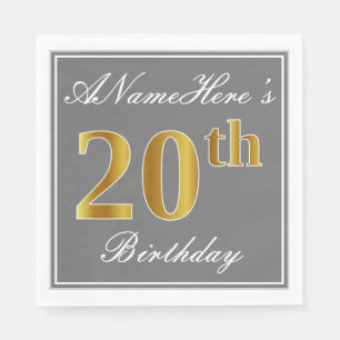 Serviettes En Papier Gris Élégant, Or Faux Anniversaire 20 ans; Nom Per