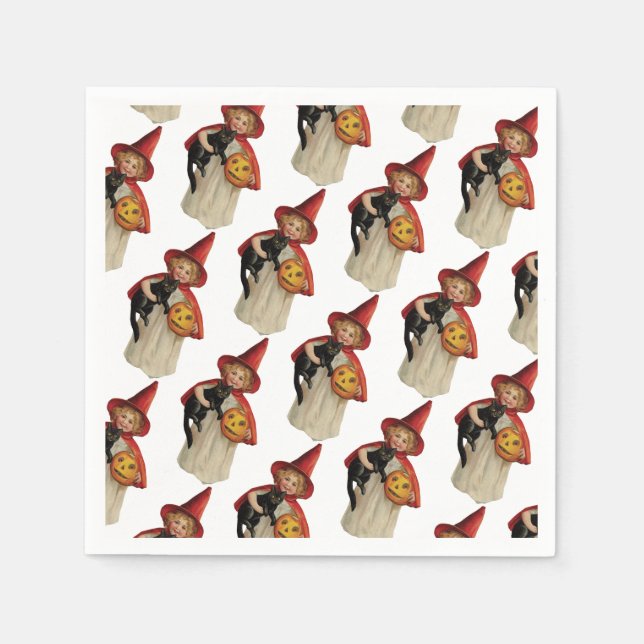 Serviettes En Papier Halloween à l'ancienne, sorcière fille avec chat n (Devant)