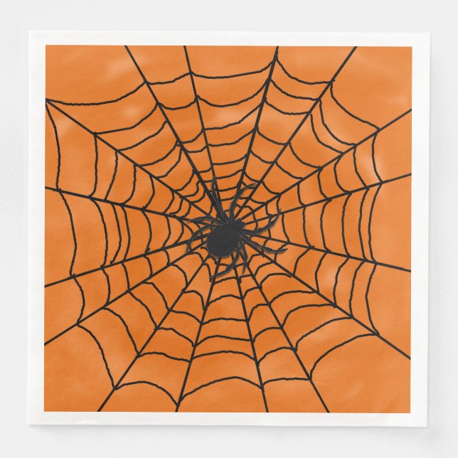 Serviettes En Papier Halloween Spider web avec Spider sur Orange (Devant)