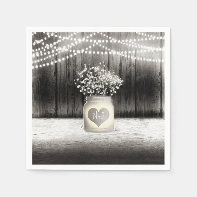 Serviettes En Papier Heart Mason Jar & Baby's Breath Rustic Mariage (Devant)
