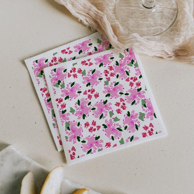 Serviettes en papier jardin floral aquarelle fuchs (Fuchsia pink watercolor floral garden paper party napkins.)