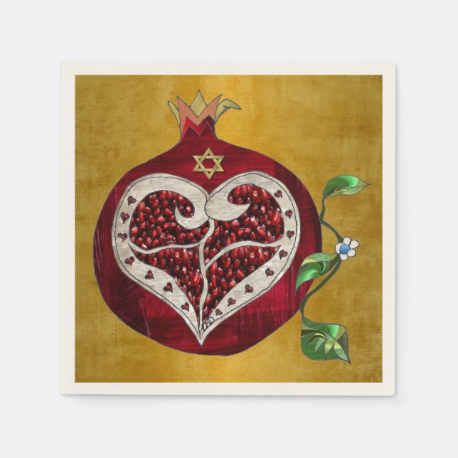 Serviettes En Papier Judaica Pomegranate Heart Hanoukka Rosh Hashanah (Devant)