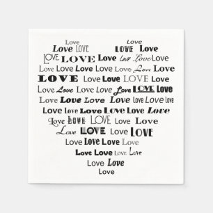 Serviettes En Papier Love Heart Word Cloud - Noir et Blanc