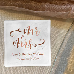 Serviettes En Papier "M. et Mme" Faux script cuivré sur marbre blanc