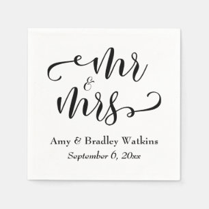 Serviettes En Papier "M. et Mme" Noir sur Mariage de typographie blanch