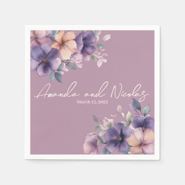 Serviettes en papier mariage à fleurs roses (Devant)