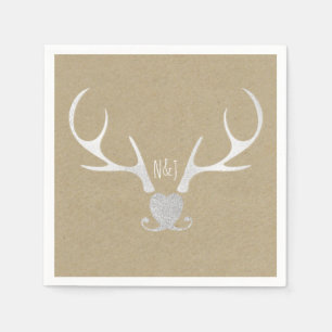 Serviettes En Papier Mariage Blanc Argenté Cerfs et Brun Rustique