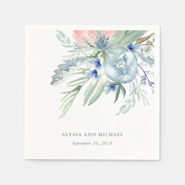 Serviettes En Papier Mariage d'aquarelle bleu et rose Peony (Devant)