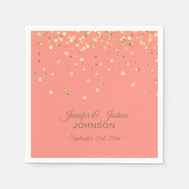 Serviettes En Papier Mariage de Confetti en or Peach CORAL personnalisé (Devant)