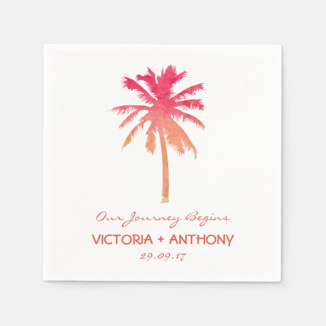 Serviettes En Papier Mariage de plage Tropical Sunset Palm Tree Beach (Devant)