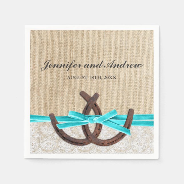 Serviettes En Papier Mariage de ruban Turquoise en dentelle de Burlap r (Devant)