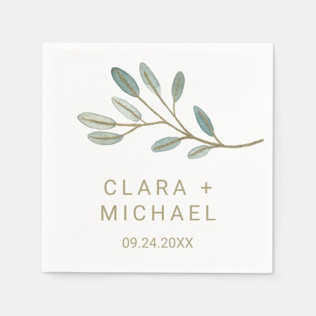 Serviettes En Papier Mariage d'eucalyptus veiné or (Devant)