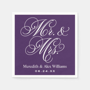 Serviettes En Papier Mariage élégant violet écriture Mr et Mrs