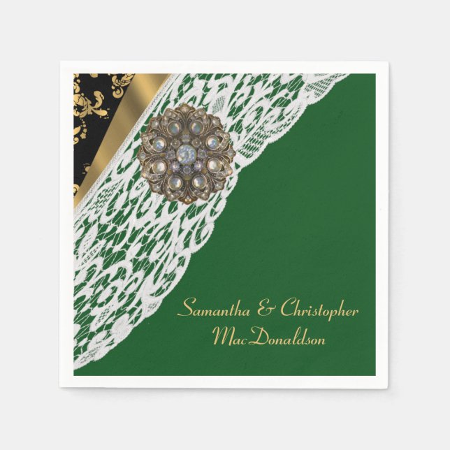 Serviettes En Papier Mariage en dentelle verte noire et or blanc (Devant)
