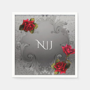 Serviettes En Papier Mariage Fleurs Rouges Ornementales Argentées Vinta