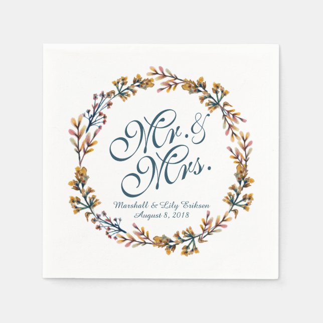 Serviettes En Papier Mariage floral élégant personnalisé | Napkin (Devant)