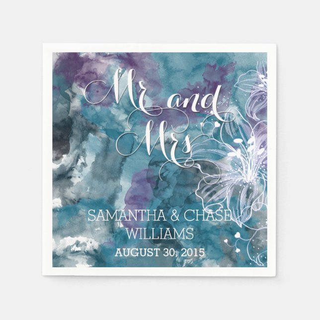 SERVIETTES EN PAPIER MARIAGE HIBISCUS EN COULEUR D'EAU BLEU (Devant)