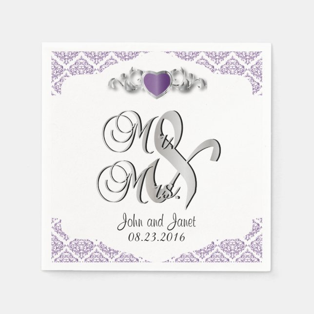 Serviettes En Papier Mariage moderne tendance dans un Damas pourpre (Devant)