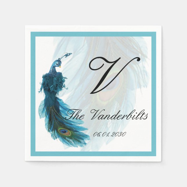 Serviettes En Papier Mariage Plume Peacock bleu turquoise (Devant)