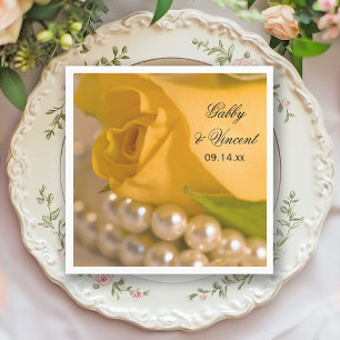 Serviettes En Papier Mariage Rose jaune et perles blanches