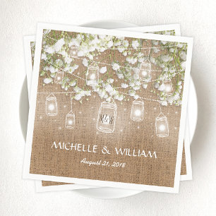 Serviettes En Papier Mariage rustique en toile de jute et gypsophile