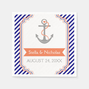 Serviettes En Papier Marine bleu, ancre de corail blanc mariage nautiqu