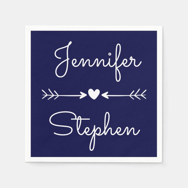 Serviettes En Papier Marine Bleu & Blanc Mariage Coeur & Flèches d'amou (Devant)