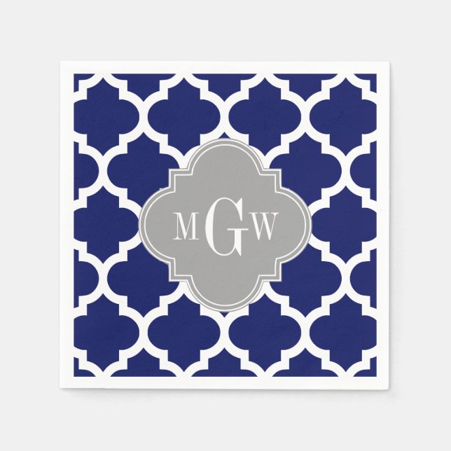 Serviettes En Papier Marine Bleu Marocain #5 Gris 3 Monogramme initial (Devant)