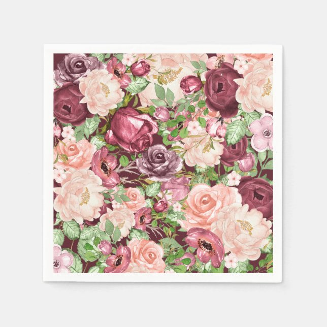 Serviettes En Papier Marsala Maroon Bourgogne Fleurs Florales Rustiques (Devant)