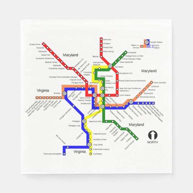 Serviettes En Papier Métro Washington DC Carte du métro Napkin (Devant)